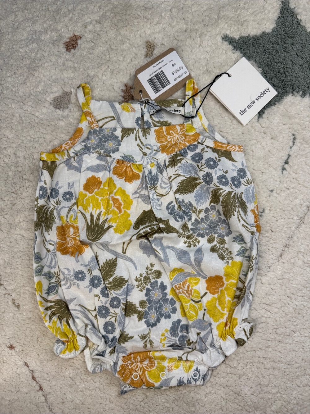 The New Society Floral Cotton Camisole Romper in Yellow & Gray